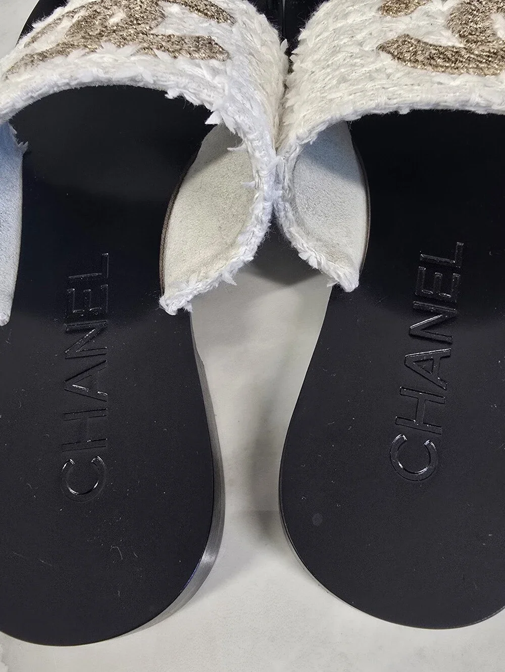Chanel White Tweed & Gold Logo Slide Sandals